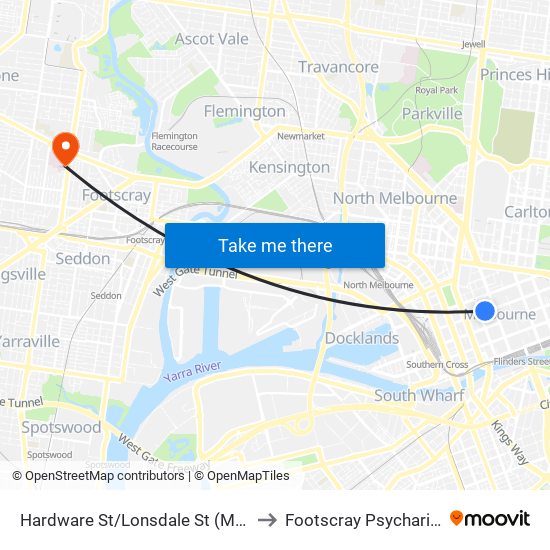 Hardware St/Lonsdale St (Melbourne City) to Footscray Psycharitic Centre map