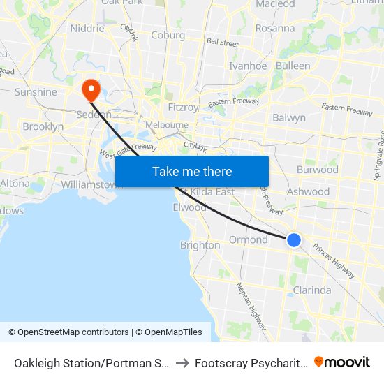 Oakleigh Station/Portman St (Oakleigh) to Footscray Psycharitic Centre map