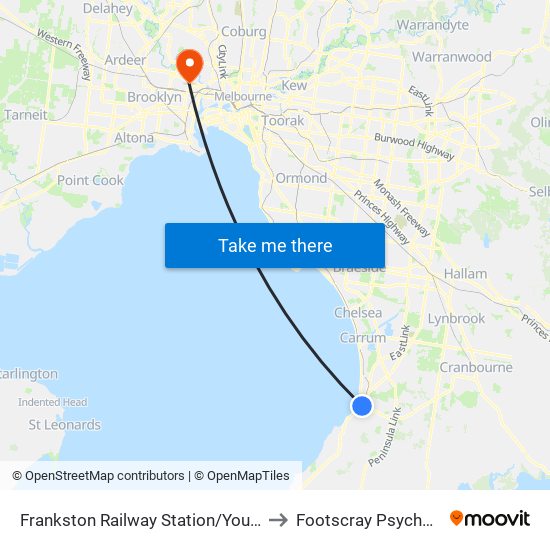 Frankston Railway Station/Young St (Frankston) to Footscray Psycharitic Centre map