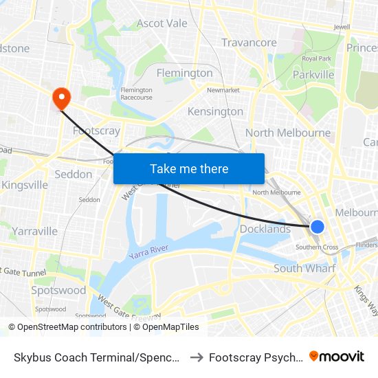 Skybus Coach Terminal/Spencer St (Melbourne City) to Footscray Psycharitic Centre map
