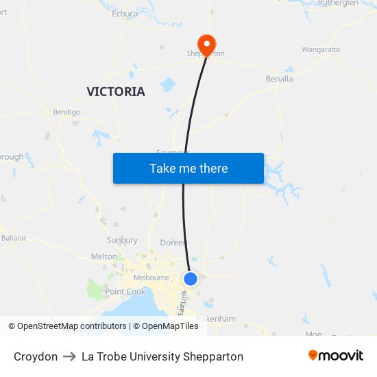 Croydon to La Trobe University Shepparton map