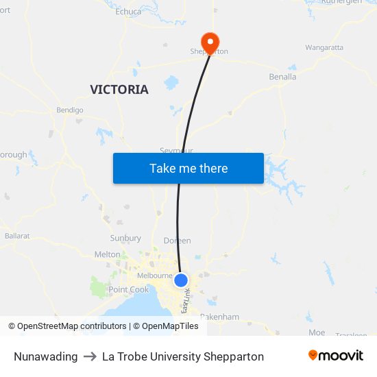 Nunawading to La Trobe University Shepparton map