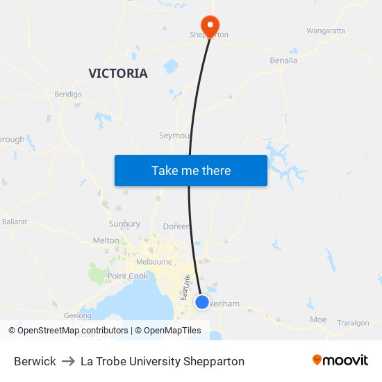 Berwick to La Trobe University Shepparton map