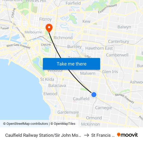 Caulfield Railway Station/Sir John Monash Dr (Caulfield East) to St Francis Building map