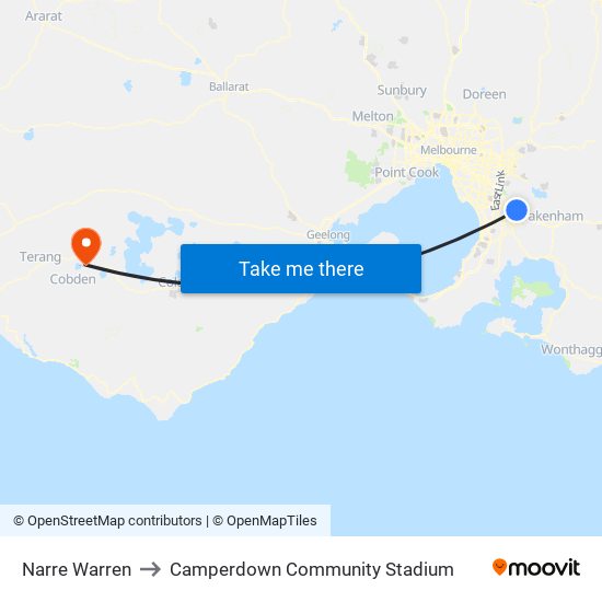 Narre Warren to Camperdown Community Stadium map