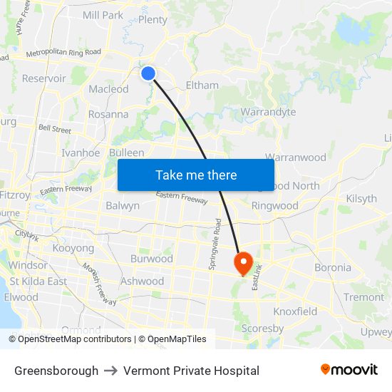 Greensborough to Vermont Private Hospital map