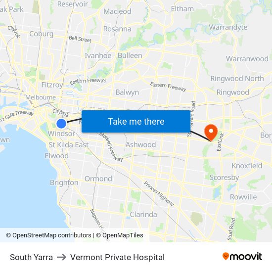 South Yarra to Vermont Private Hospital map
