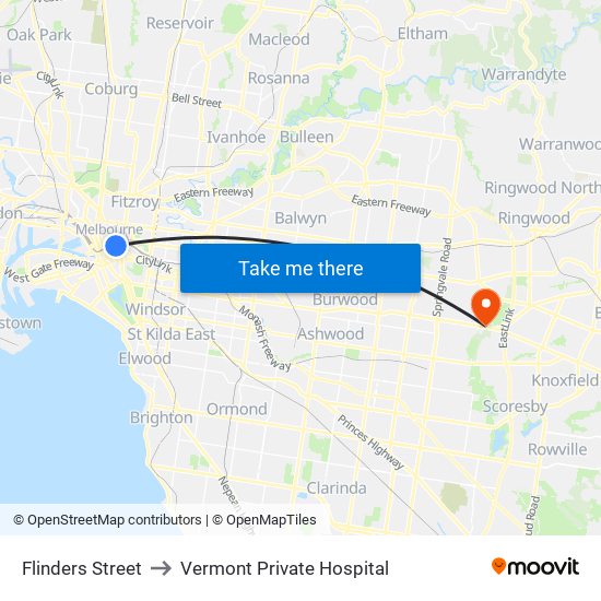 Flinders Street to Vermont Private Hospital map