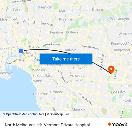 North Melbourne to Vermont Private Hospital map