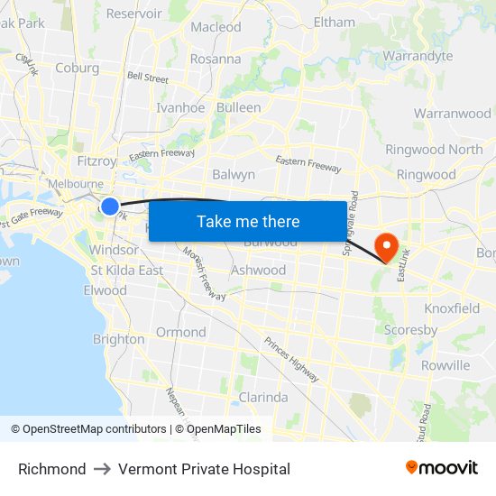 Richmond to Vermont Private Hospital map