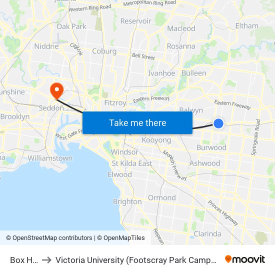 Box Hill to Victoria University (Footscray Park Campus) map