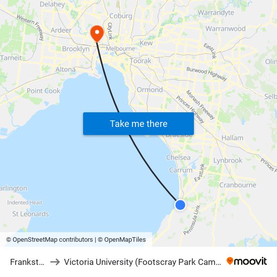 Frankston to Victoria University (Footscray Park Campus) map