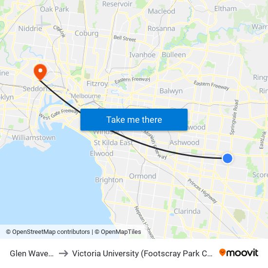 Glen Waverley to Victoria University (Footscray Park Campus) map