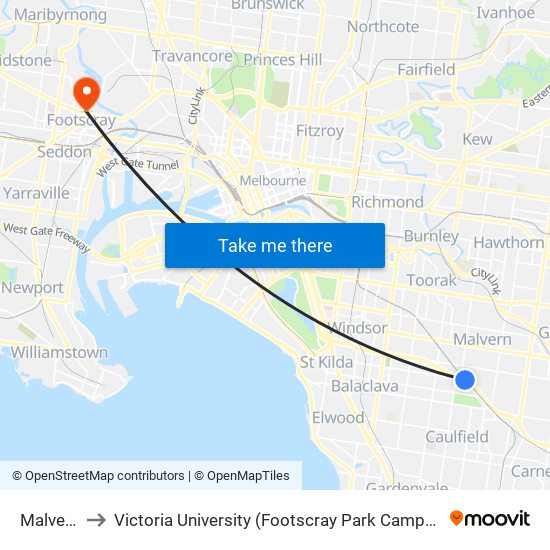 Malvern to Victoria University (Footscray Park Campus) map