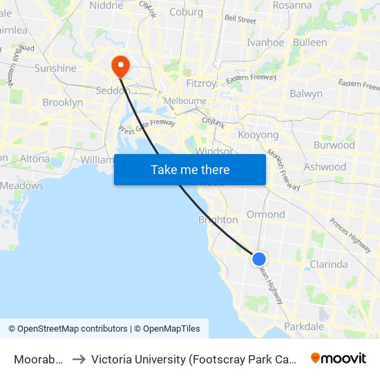 Moorabbin to Victoria University (Footscray Park Campus) map