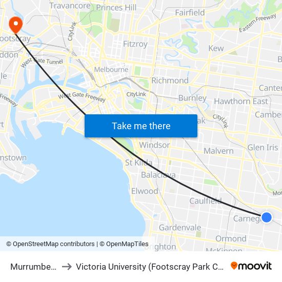 Murrumbeena to Victoria University (Footscray Park Campus) map