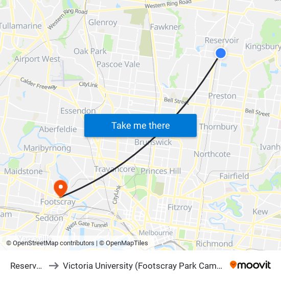 Reservoir to Victoria University (Footscray Park Campus) map