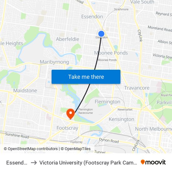 Essendon to Victoria University (Footscray Park Campus) map