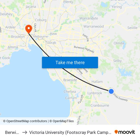 Berwick to Victoria University (Footscray Park Campus) map