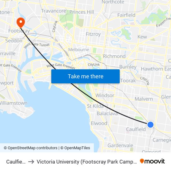 Caulfield to Victoria University (Footscray Park Campus) map
