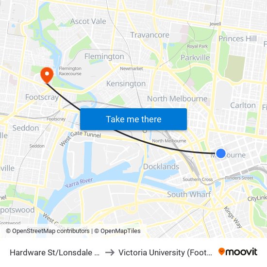 Hardware St/Lonsdale St (Melbourne City) to Victoria University (Footscray Park Campus) map