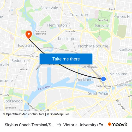 Skybus Coach Terminal/Spencer St (Melbourne City) to Victoria University (Footscray Park Campus) map