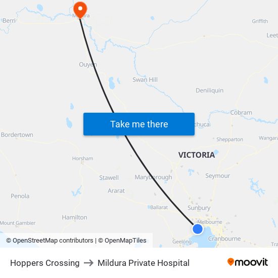 Hoppers Crossing to Mildura Private Hospital map