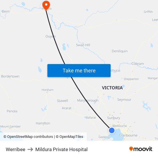 Werribee to Mildura Private Hospital map