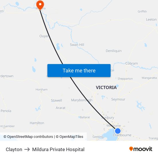 Clayton to Mildura Private Hospital map