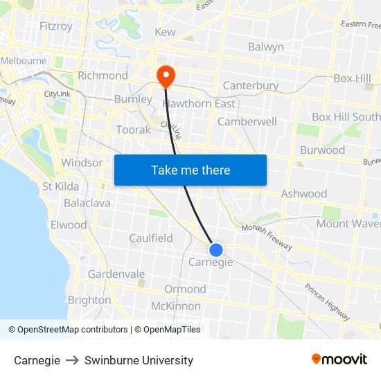 Carnegie to Swinburne University map