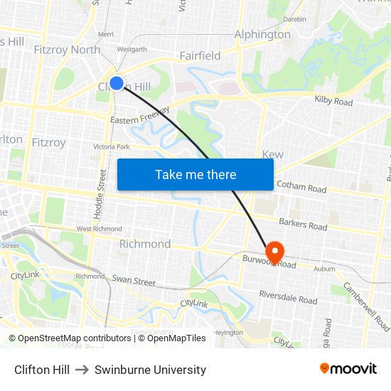 Clifton Hill to Swinburne University map