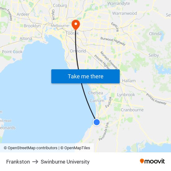 Frankston to Swinburne University map