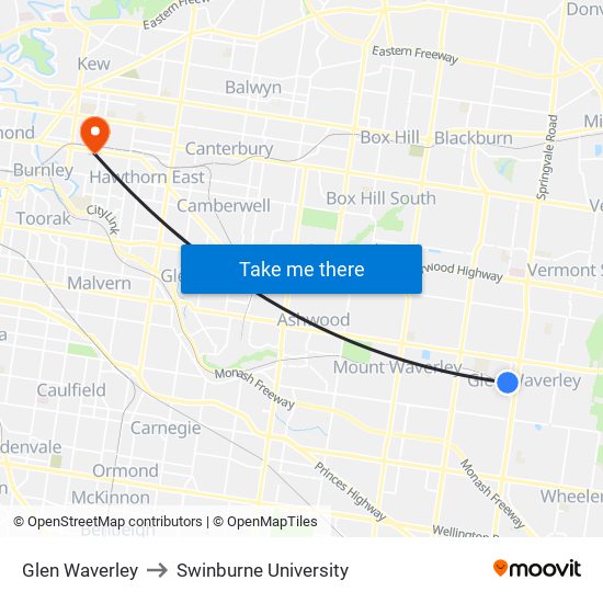 Glen Waverley to Swinburne University map