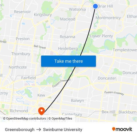 Greensborough to Swinburne University map