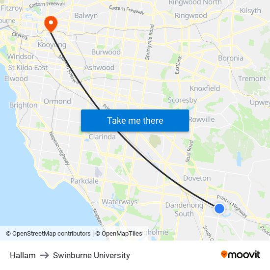 Hallam to Swinburne University map