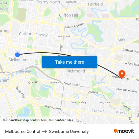Melbourne Central to Swinburne University map