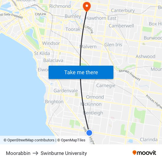 Moorabbin to Swinburne University map