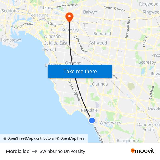 Mordialloc to Swinburne University map