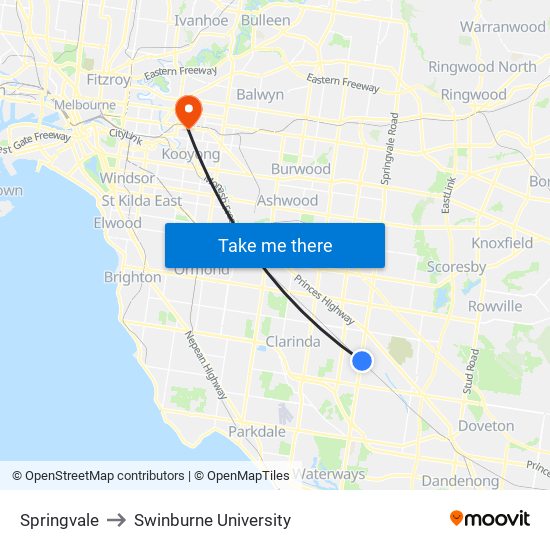 Springvale to Swinburne University map