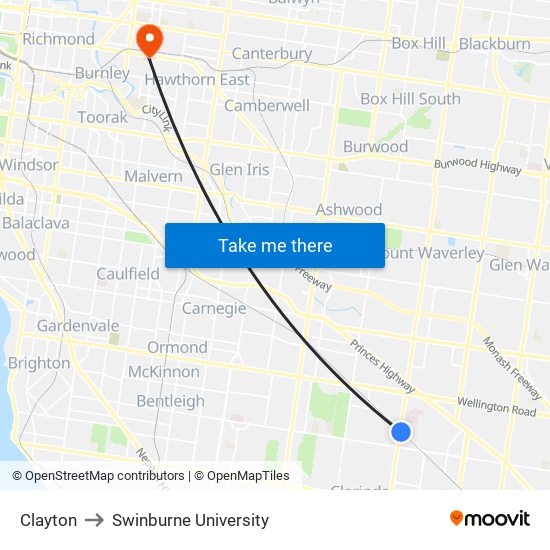 Clayton to Swinburne University map