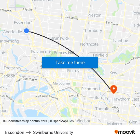 Essendon to Swinburne University map