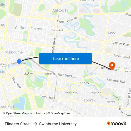 Flinders Street to Swinburne University map