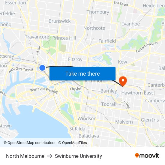 North Melbourne to Swinburne University map