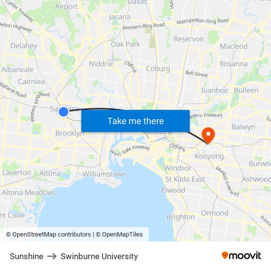 Sunshine to Swinburne University map