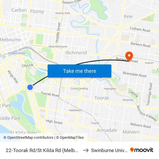 22-Toorak Rd/St Kilda Rd (Melbourne City) to Swinburne University map