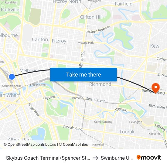 Skybus Coach Terminal/Spencer St (Melbourne City) to Swinburne University map