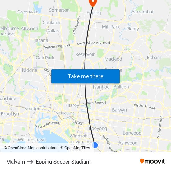 Malvern to Epping Soccer Stadium map