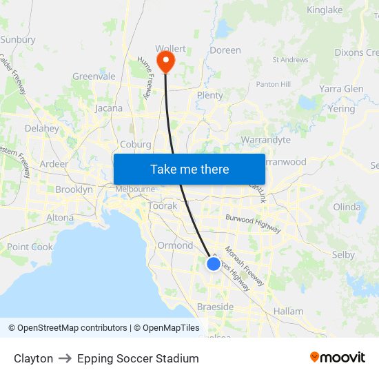 Clayton to Epping Soccer Stadium map