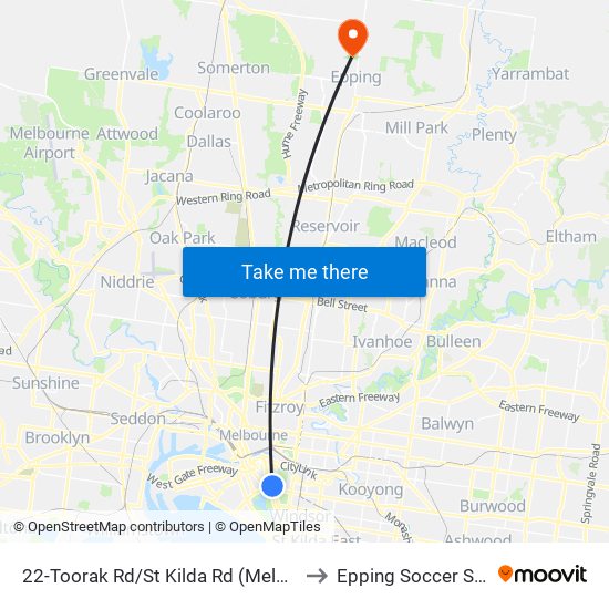 22-Toorak Rd/St Kilda Rd (Melbourne City) to Epping Soccer Stadium map