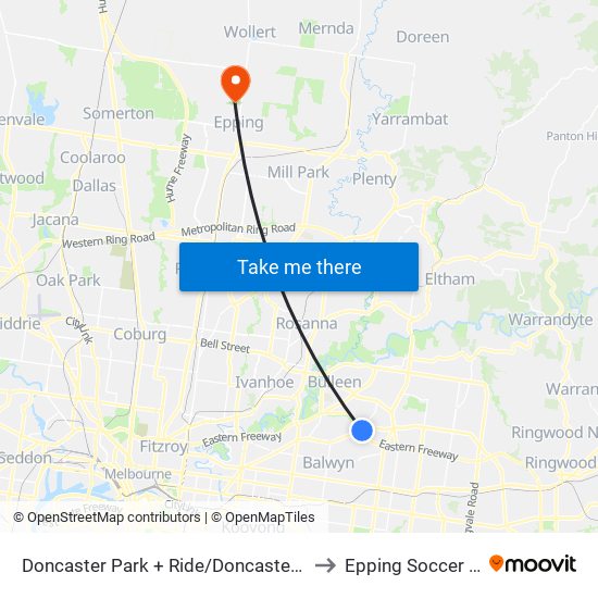 Doncaster Park + Ride/Doncaster Rd (Doncaster) to Epping Soccer Stadium map